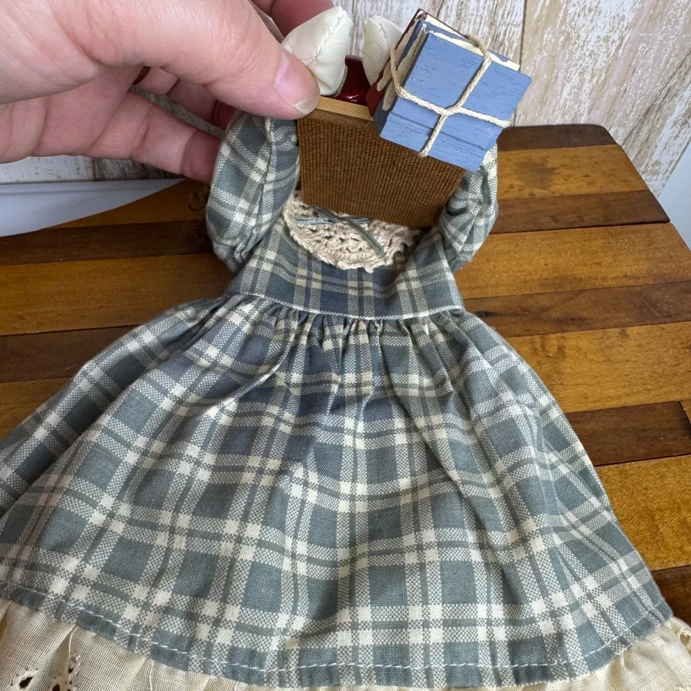 Vintage School Teacher Cloth Doll Plaid Dress Chalkboard Apple Books 10 Inch